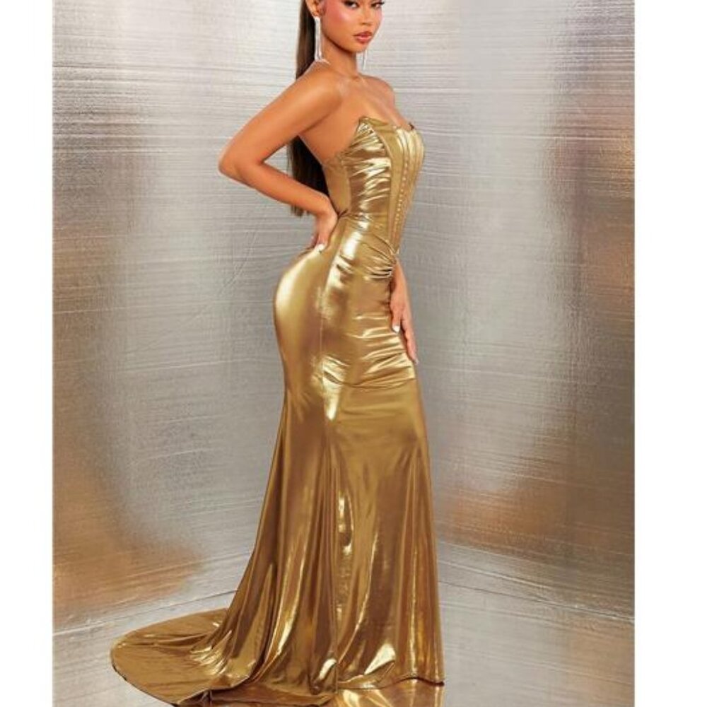 NEW -‎ Elegant Gold Corset Detail Ultra Long Dress - Picture 4 of 9